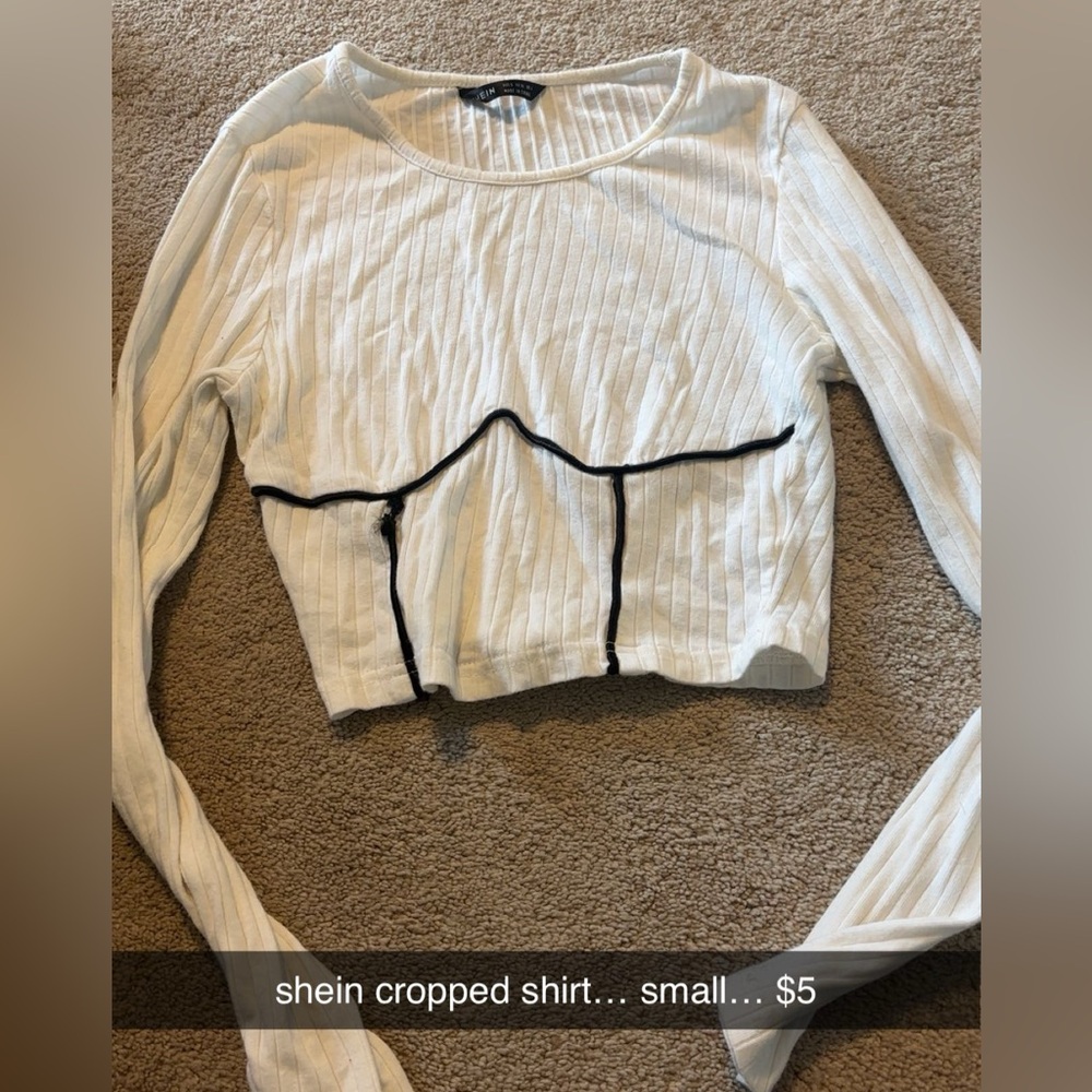 SHEIN White Ribbed Crop Blouse with Long Sleeves